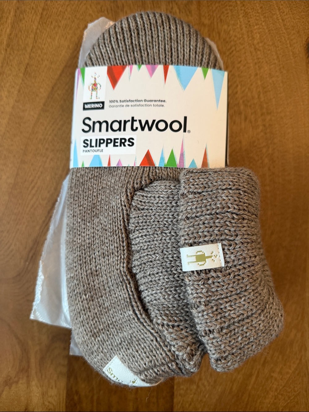 Smartwool Taupe Merino Knit Slippers with Ribbed Cuff M